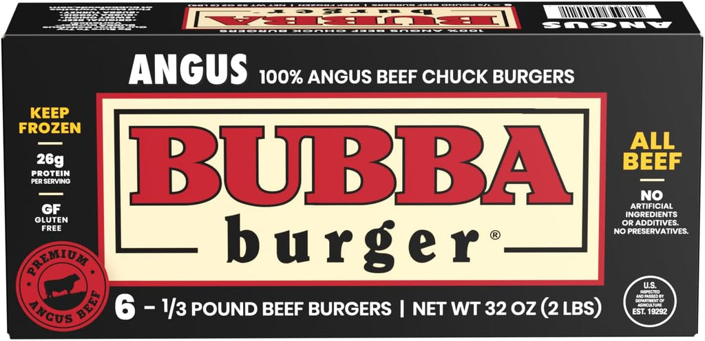Bubba Burger, Frozen Angus Beef Burger Patties, USDA Choice Beef Chuck, 2 lb, Pack of 6