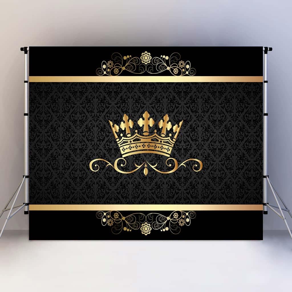 7x5FT Crown Pattern Photography Backdrop Black Crown Royal Gold Patterns Backdrop Celebration Party Decorations Photo Booth Wallpaper RBJMYLU230