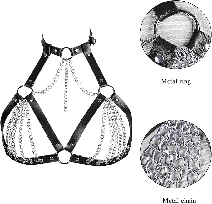 BAQOEYII Leather Bra CageStyle Shoulder Strap,Punk Layered Chest Chain,Punk Black Leather Chest Harness Body Waist Chain Belt Rave Nightclub Belly Bra Jewelry Accessor for Halloween Carnival
