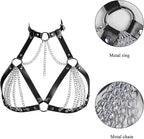 BAQOEYII Leather Bra CageStyle Shoulder Strap,Punk Layered Chest Chain,Punk Black Leather Chest Harness Body Waist Chain Belt Rave Nightclub Belly Bra Jewelry Accessor for Halloween Carnival