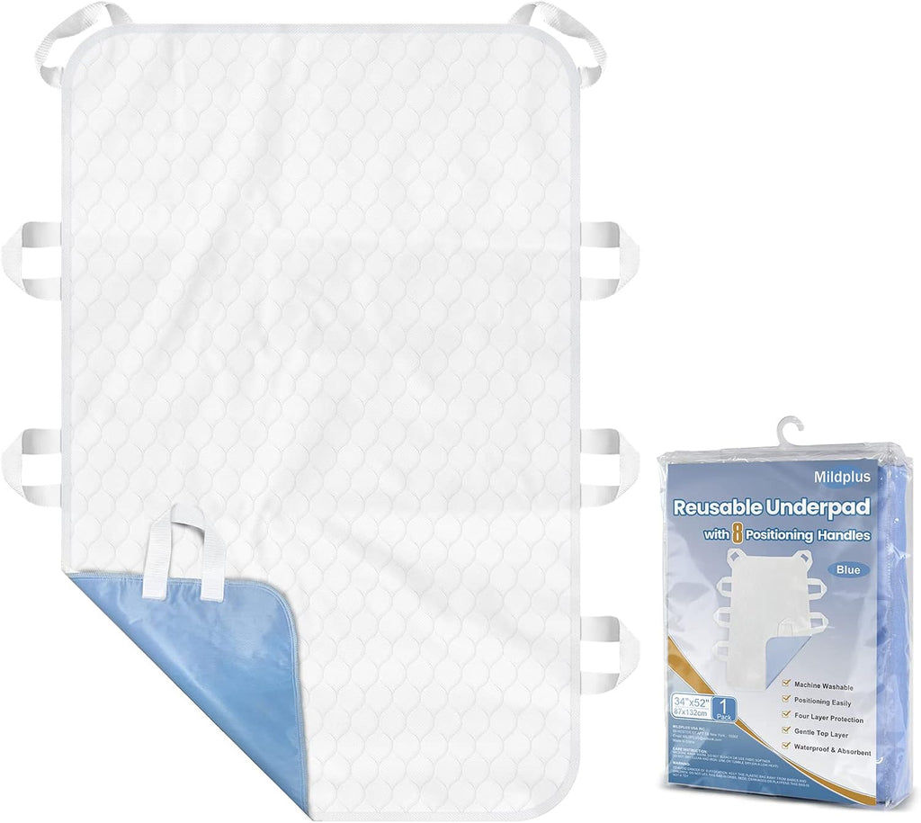 Washable Bed Pads with 8 Sturdy Handles 34”×52” Extra Large Reusable Underpads 4-Layers Leakproof Chucks Pads Washable for Incontinence (1 Pack; Blue)