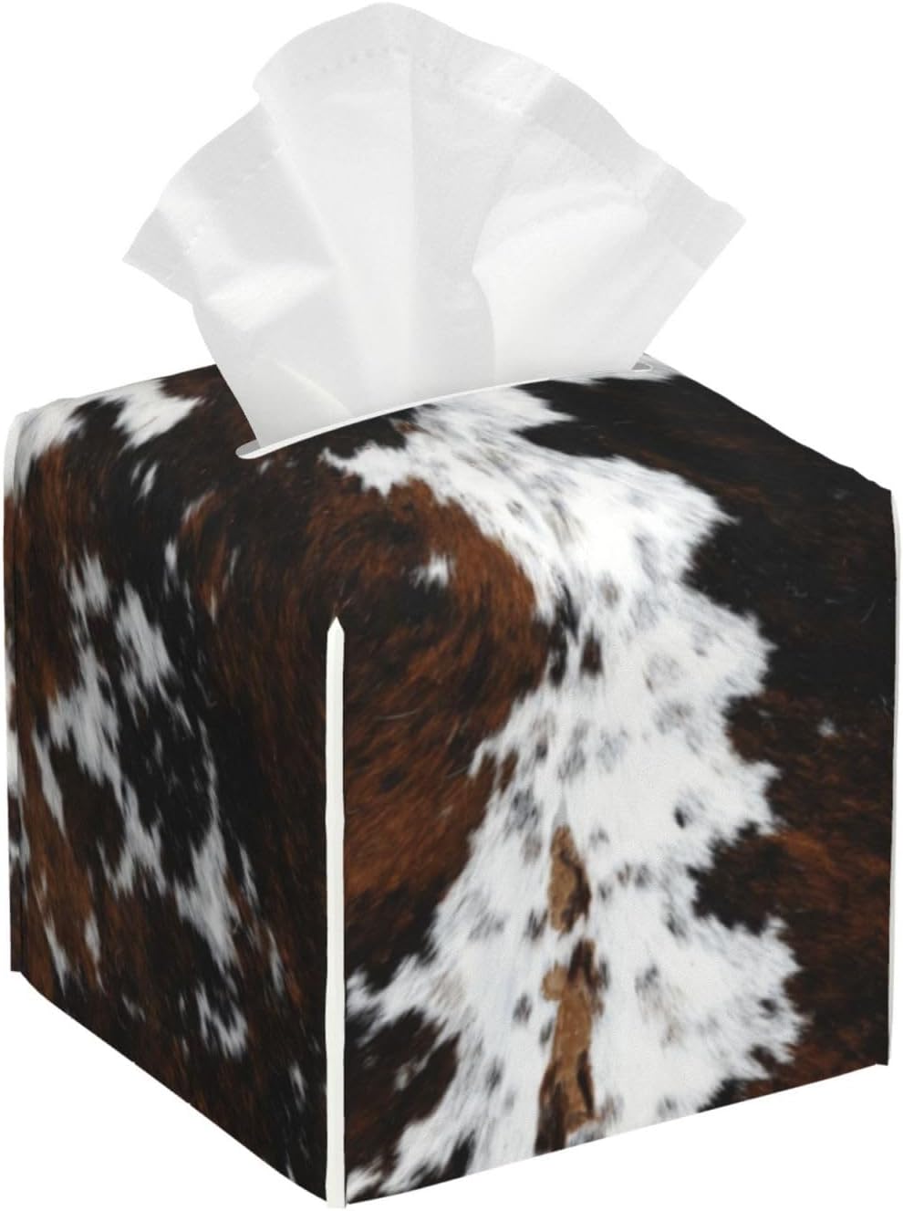 Cowhide, Cow Skin Print Pattern Square Leather Tissue Box Cover - Decorative Organizer for Bathroom Vanity, Nightstand & Countertop | Non-Slip Base & Easy Refill Design