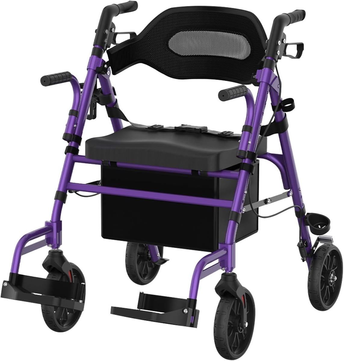 Walkers for Seniors with Seat, Extra Wide 2 in 1 Rollator Walker & Transport Chair with Reversible Backrest & Detachable Footrests, Foldable Wheelchair Combo with 8" Anti-Slip PU Wheels, Purple