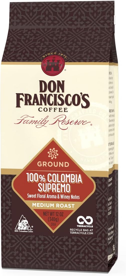 Don Francisco's 100% Colombia Supremo Ground Coffee, Medium Roast – 100% Arabica Coffee, 12 oz Bag