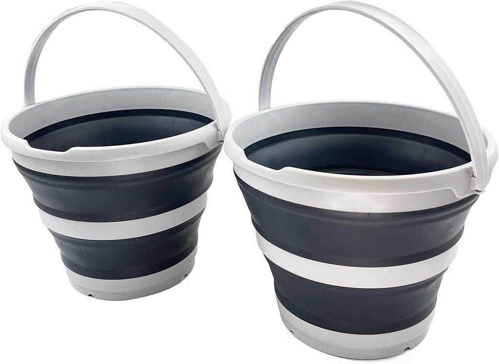 SAMMART 10L (2.6 Gallon) Collapsible Plastic Bucket - Foldable Round Tub - Portable Fishing Water Pail - Space Saving Outdoor Waterpot, Size 33cm Dia (Grey/Charcoal Black (Set of 2))