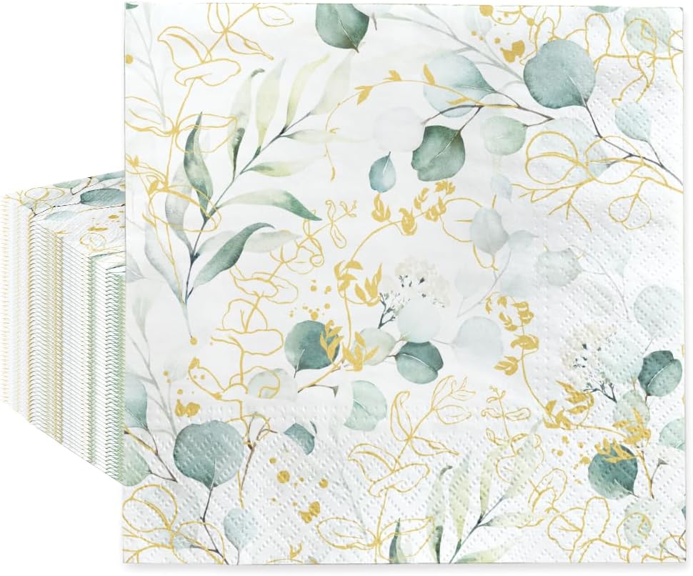PAW - Luncheon Floral Napkins 6,5'' x 6,5'', Disposable Paper Napkins with Eucalyptus, Lunch Napkins for Wedding, Bridal Party, Birthday, Decoupage, Tableware Party Supplies, 50 Count