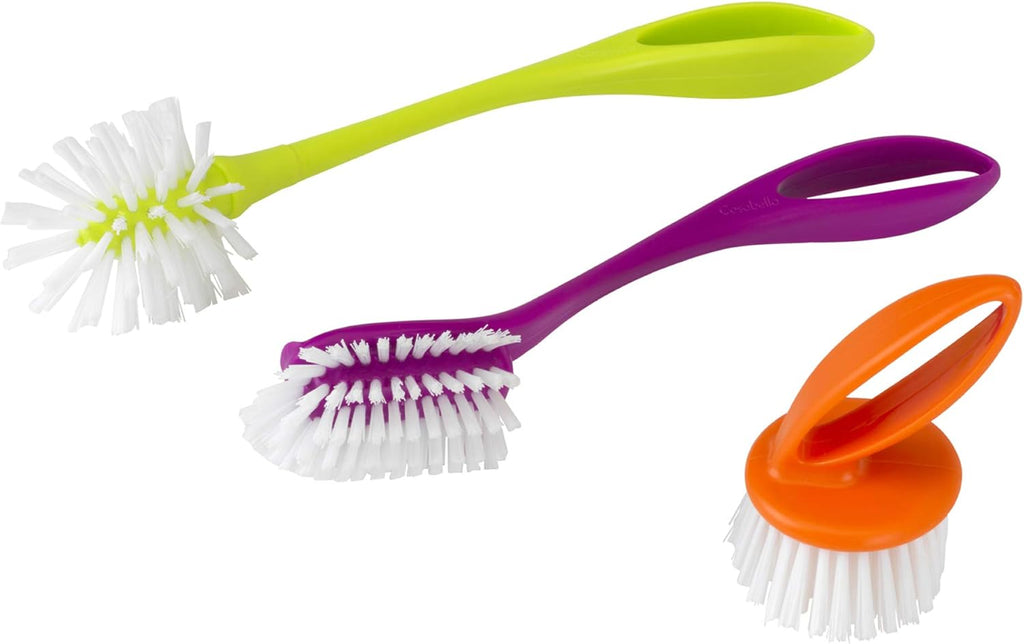 Casabella Loop 3-Piece Dish Brush Set - 15519AZ(Colors May Vary), Red Yellow Purple