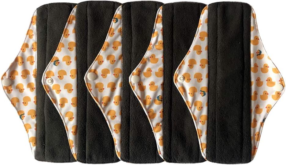 MUMBABY 5 Pieces 10 Inch (25.4cm) Regular Charcoal Bamboo Mama Cloth/Menstrual Pads/Reusable Sanitary Pads (Little Yellow Duck, Medium)