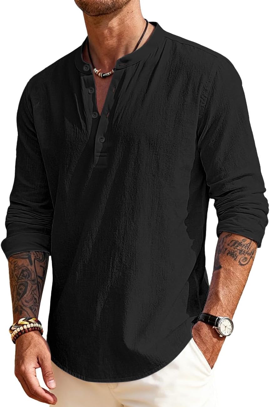 Men's Linen Shirts Henley T-Shirts Long Sleeve Casual Beach T-Shirts Solid Tops Shirts for Men