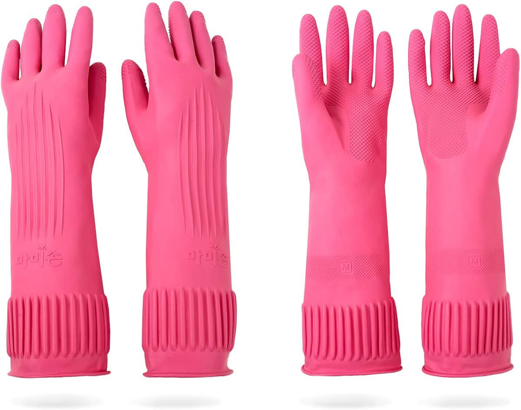 Mamison 2 Pairs Reusable Waterproof Household Dishwashing Cleaning Rubber Gloves, Non-Slip Kitchen Glove (Pink, Medium (Pack of 2))