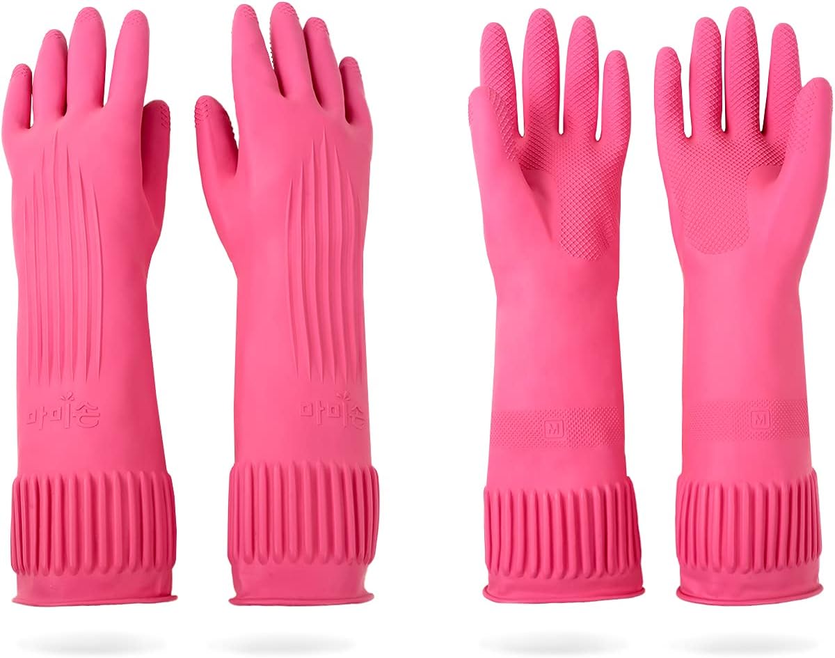Mamison 2 Pairs Reusable Waterproof Household Dishwashing Cleaning Rubber Gloves, Non-Slip Kitchen Glove (Pink, Medium (Pack of 2))