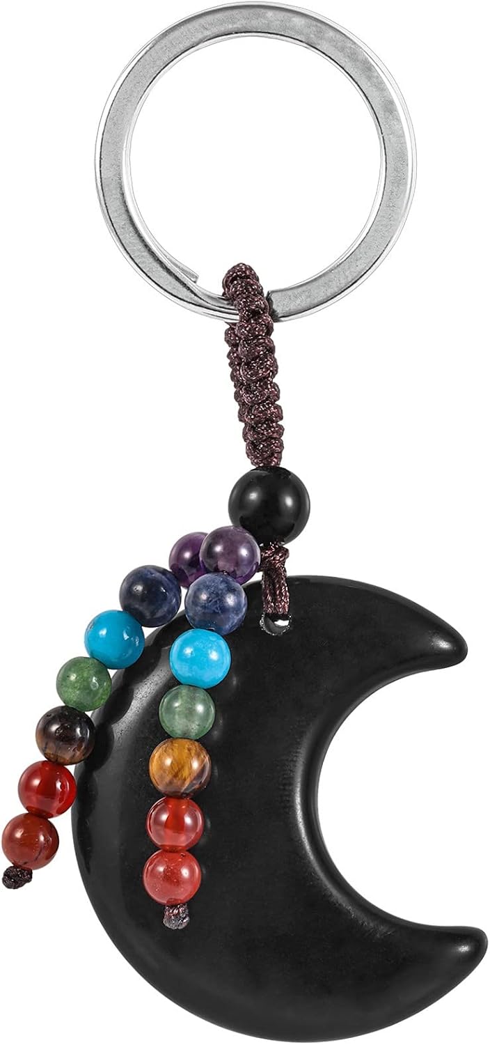 moonsix Crystal Crescent Moon Keychain with 7 Chakra Beads Natural Reiki Healing Stones Keyring Charm Decor for Unisex