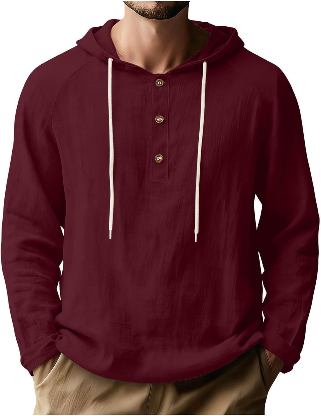 Mens Linen Shirts Long Sleeve Henley Casual Lightweight Cotton Hoodie Top Summer Fashion Loose Beach Vacation Clothes