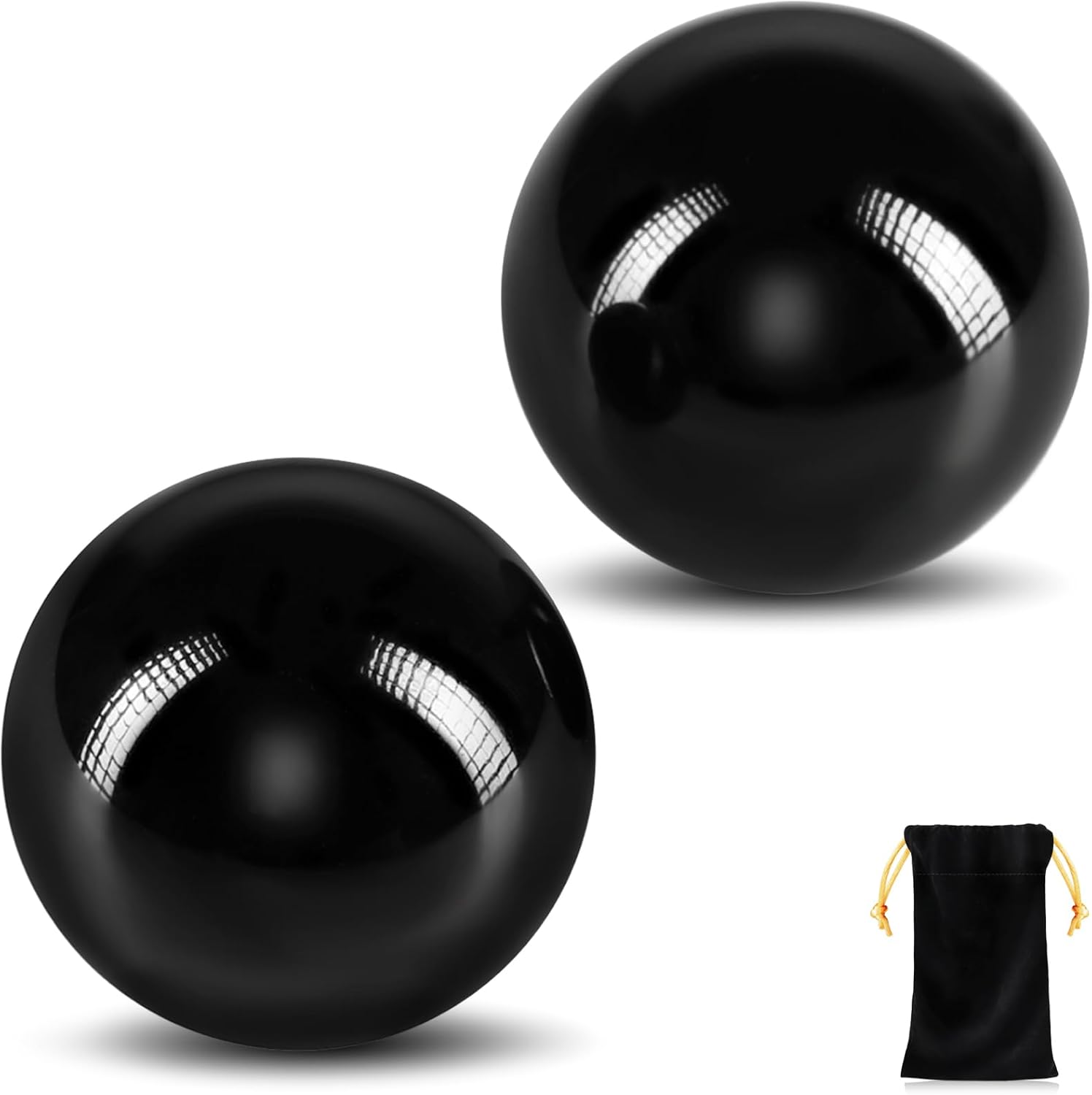 Learay 2 Pcs Black Obsidian Baoding Balls, Chinese Health Exercise Massage Balls with Carry Pouch for Stress Relief Hand Exercise Balls (Black/1.57 inch)