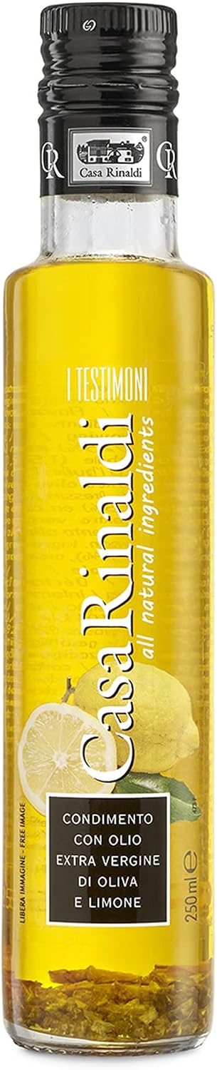 Casa Rinaldi Testimone Lemon Flavored Extra Virgin Olive Oil – Fresh Citrus Gourmet EVOO with Real Lemon Peel Inside – Italian Flavored Olive Oil for Seafood, Salads & Chicken (250ml)