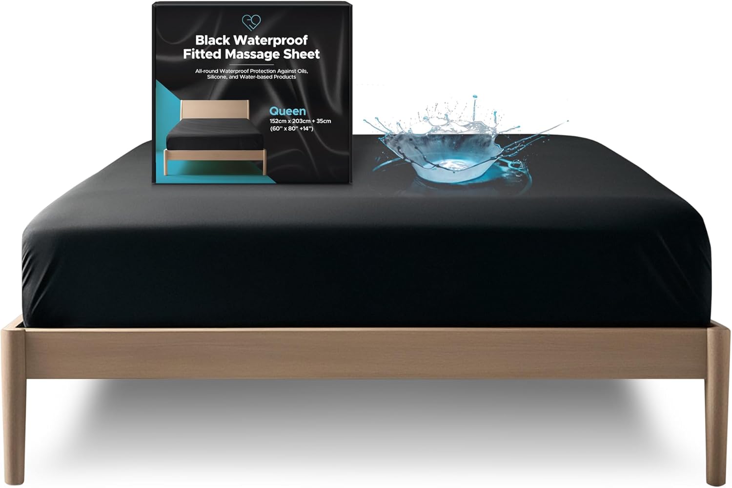 Queen Waterproof Fitted Sheet, 14'' Deep Pocket, 100% Black Mattress Protector, Safe with Oil, Water-Based, & Silicone-Based Massage Products, Machine Washable, Noiseless, Hypoallergenic