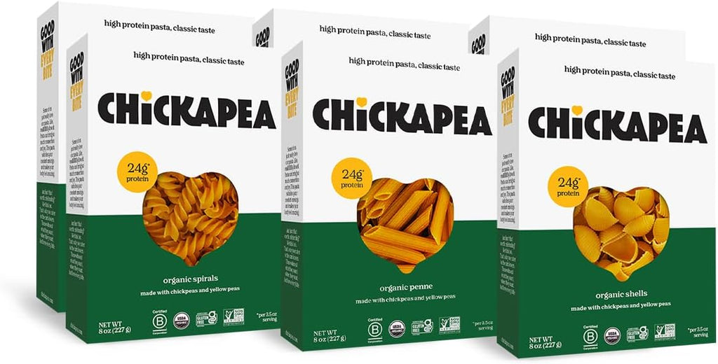 Chickapea Organic Chickpea Pasta - Spirals, Penne, Shells Variety Pack - 8 oz (Pack of 6)