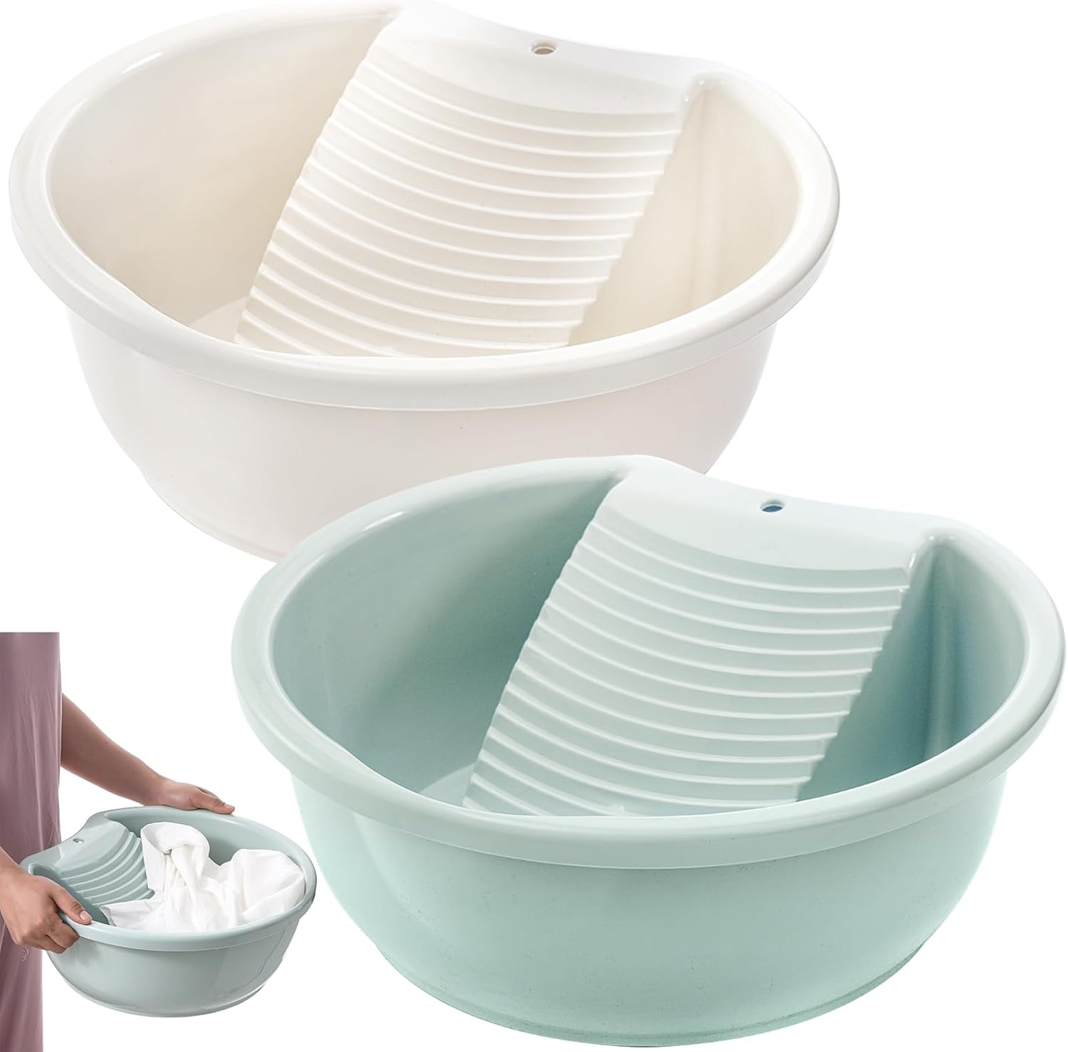 SOUJOY 2 Pack Washboard Basin for Hand Washing Clothes, Plastic Non-Slip Washtub with Integrated Washboard, Small Delicate Articles Washing Clothes Laundry for Home and Outdoor