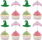 24 Pcs Witch Hat Cupcake Topper Crown Cupcake Topper Dessert Food Safe Cake Decorations for Witch Wizard Theme Baby Shower Birthday Party Supplies Pink and Green