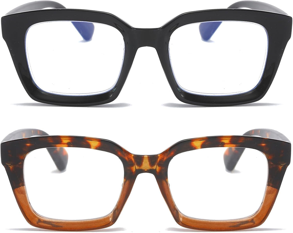 REAVEE 2 Pack Oprah Style Oversized Reading Glasses for Women Men Blue Light Blocking, Ladies Stylish Retro Square Large Computer Readers (Black/Leopard 1.5x)