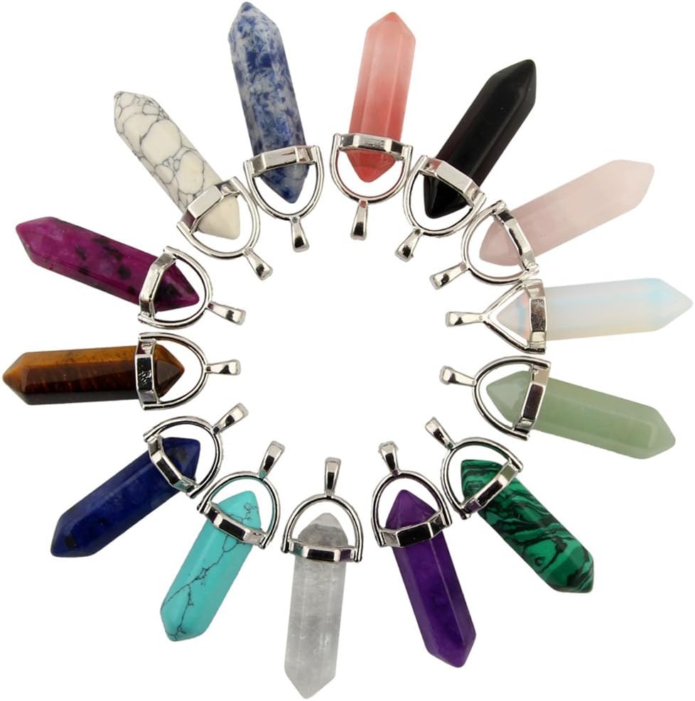 Mutilcolor 14pcs Bullet Shape Healing Pointed Chakra Pendants sugilite Quartz Crystal Stone Charm Randow Color for Necklace Making