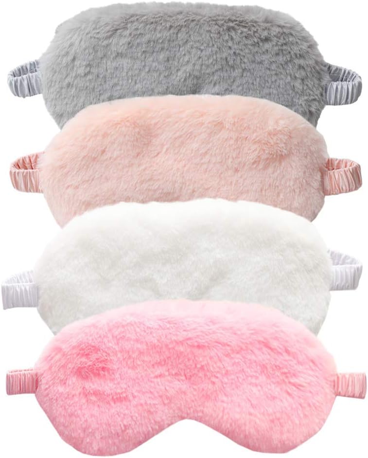 4-Pack New Faux Fur Eye Mask Soft Plush Nap Eyeshade Sleeping Blindfold Satin Back Assorted Color Fur_4pcs