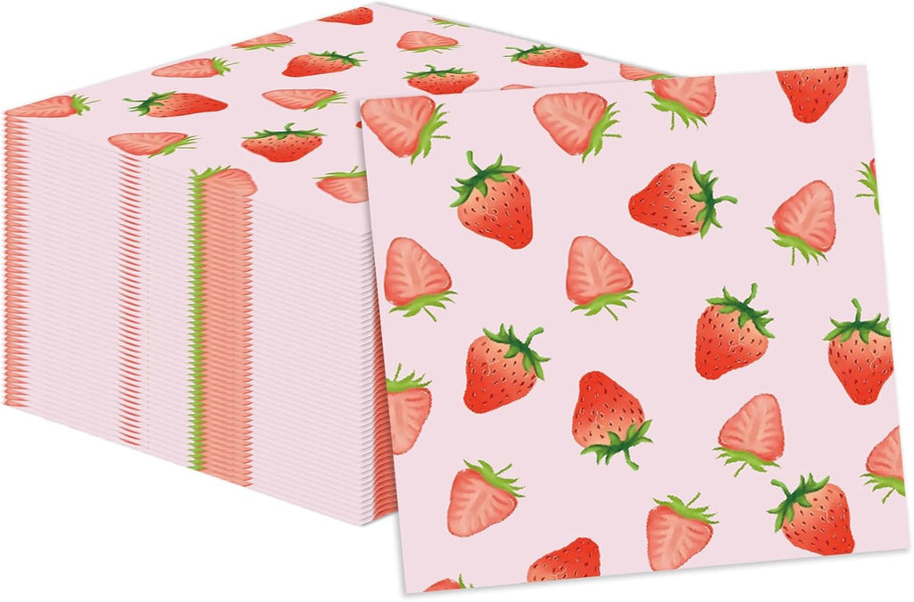 50 Pcs Strawberry Napkins 13 x 13 Inches, Strawberry Birthday Paper Napkins Fruit Theme Disposable Cocktail Napkins for Baby Shower Birthday Party Decorations (Strawberry)