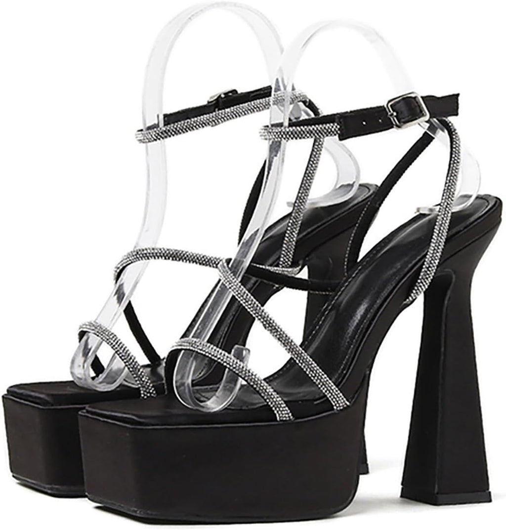 Women's Platform Chunky High Heels 15cm /6in Square Open Toe Rhinestones Ankle Strap Block Stiletto Heel Sandals