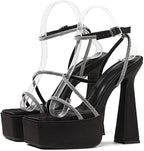 Women's Platform Chunky High Heels 15cm /6in Square Open Toe Rhinestones Ankle Strap Block Stiletto Heel Sandals