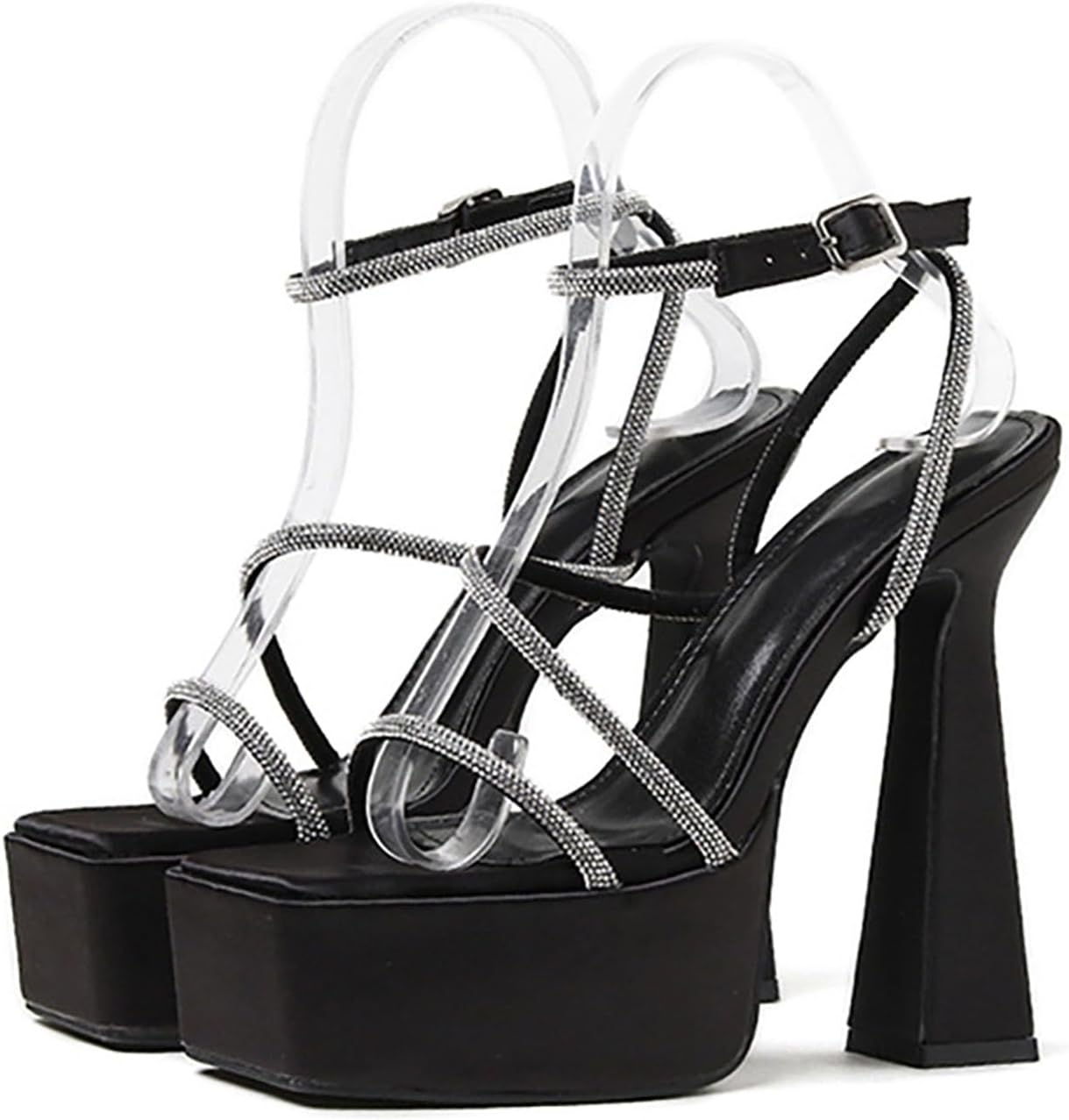 Women's Platform Chunky High Heels 15cm /6in Square Open Toe Rhinestones Ankle Strap Block Stiletto Heel Sandals