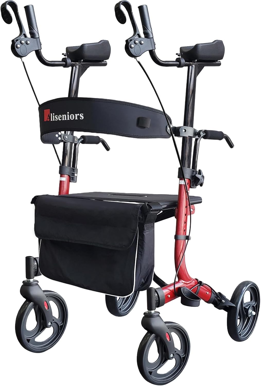 Aliseniors Upright Walker for Seniors - Stand Up Rollator with Seat, Foldable 4 Wheel All-Terrain Rolling Walker, Adjustable Padded Armrests, 300lbs - Promotes Natural Posture & Reduces Back Strain