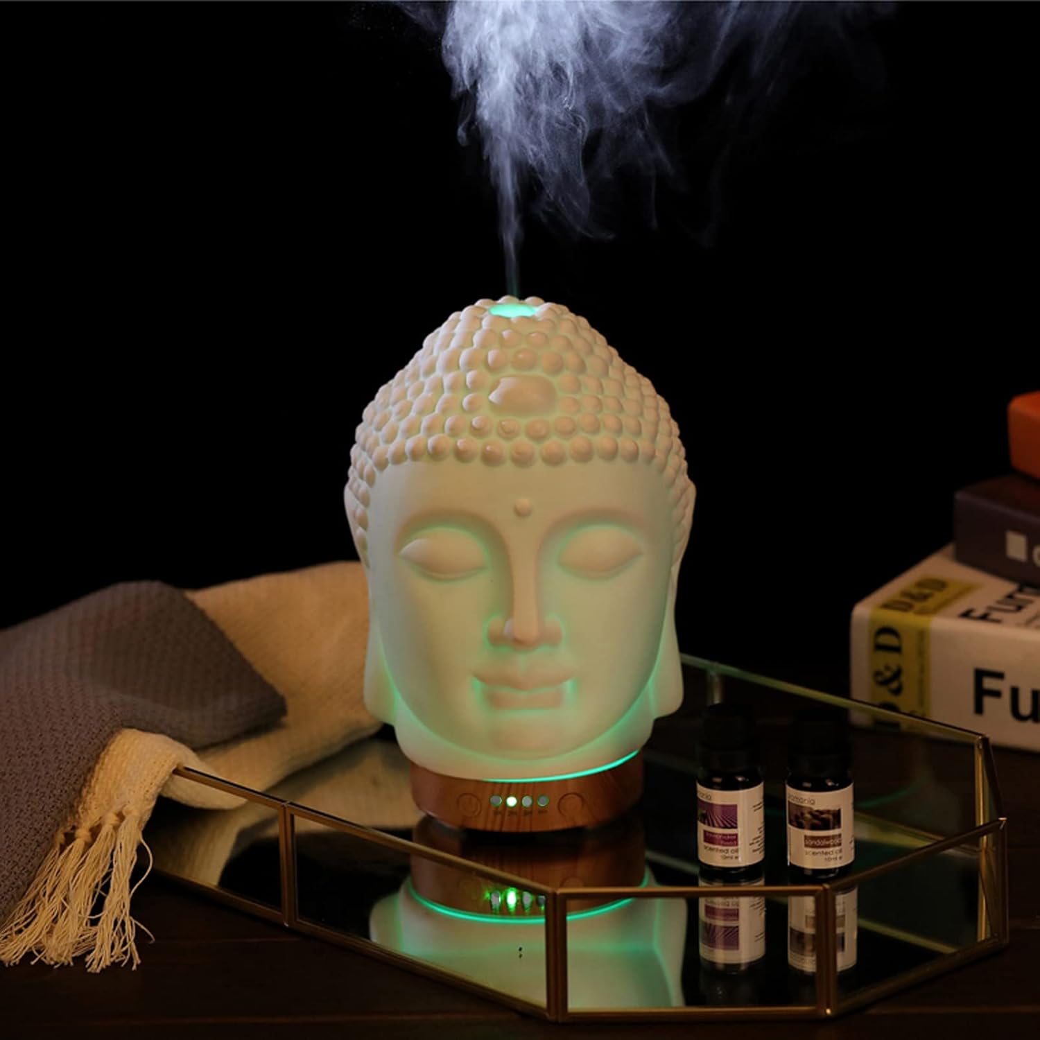 Buddha Essential Oil Diffuser - Aromatherapy Diffusers for Essential Oils - White Ceramic Diffuser Buddha Head Humidifier with 4 Timer & 7 Color Night Light Settings and Auto Off Function