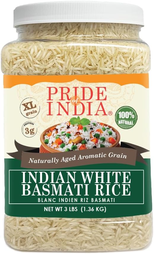 Pride of India Basmati Rice 3 lb | Extra Long Grain Indian Basmati Rice Naturally Aged 2 Years | Non Sticky Aromatic White Basmati Rice for Cooking Biryani, Fried Rice & Everyday Meals