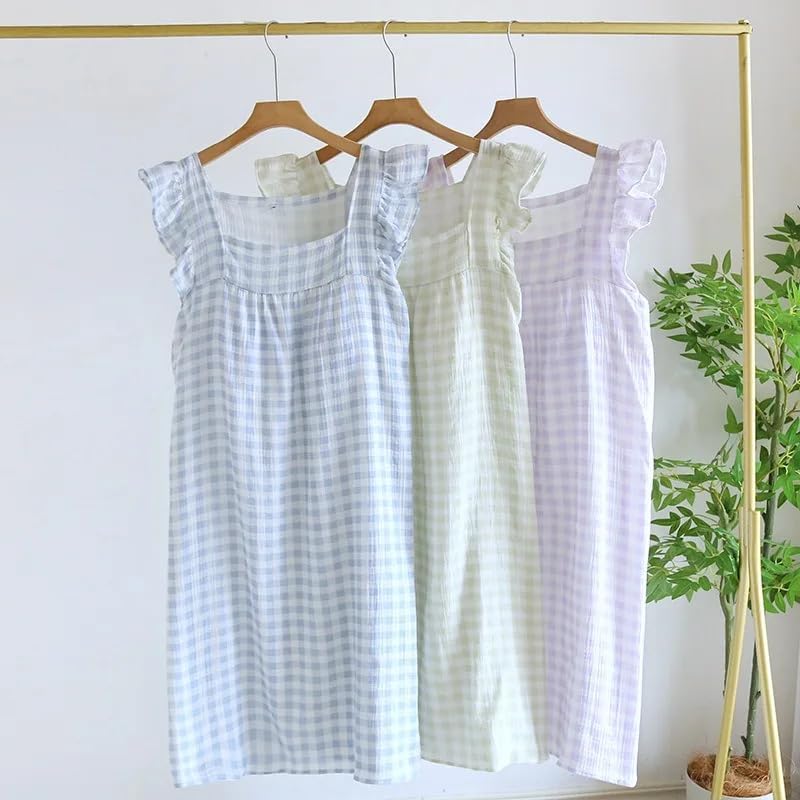 Women's Plaid Pajama Dress Thin Vest Night Wear Plaid Night Gown with Chest Pad Loose Sleep Dress
