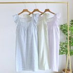 Women's Plaid Pajama Dress Thin Vest Night Wear Plaid Night Gown with Chest Pad Loose Sleep Dress