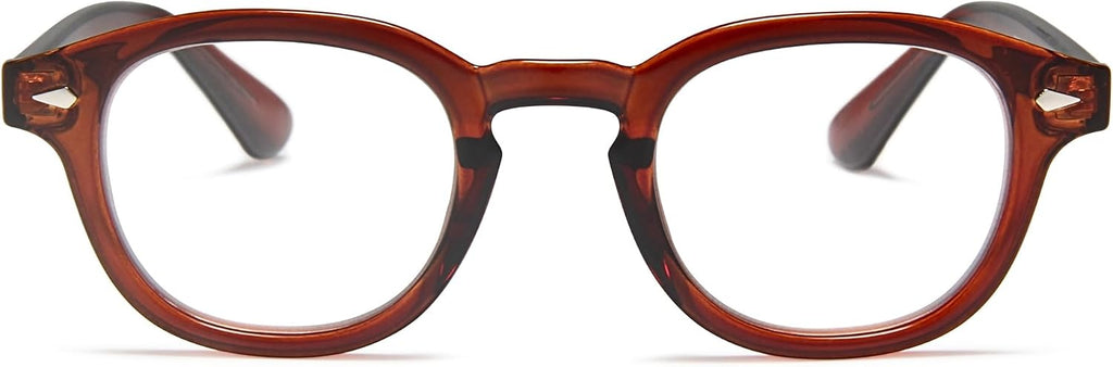 2SeeLife Brown Round Premium Clear Frame Reading Glasses – Solid & Sturdy Frame Blue Light Retro Readers for Men & Women with Spring Hinges & Scratch-Resistant Lenses, Strength 1.00