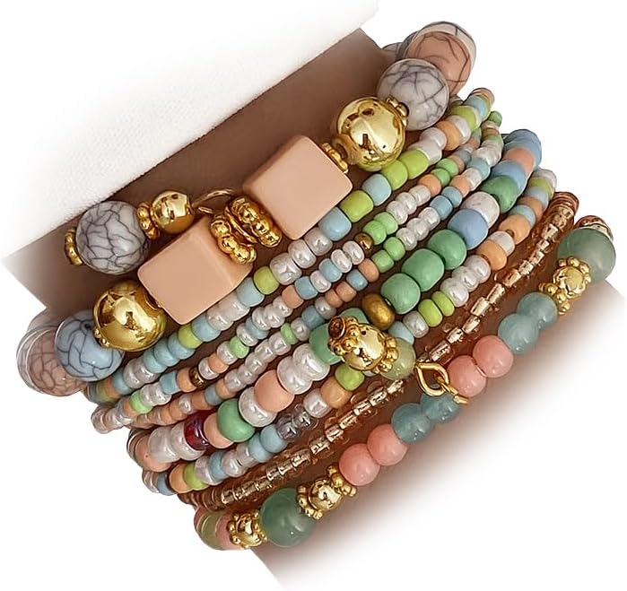 IFKM 8PCS Beaded Bracelets for Women, Multilayered Stackable Strand Stretch Bead Bracelet Pack Handmade Trendy Bohemian Charm Jewelry