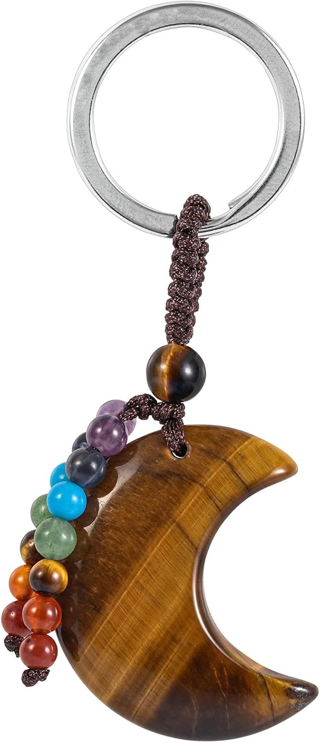 moonsix Crystal Crescent Moon Keychain with 7 Chakra Beads Natural Reiki Healing Stones Keyring Charm Decor for Unisex