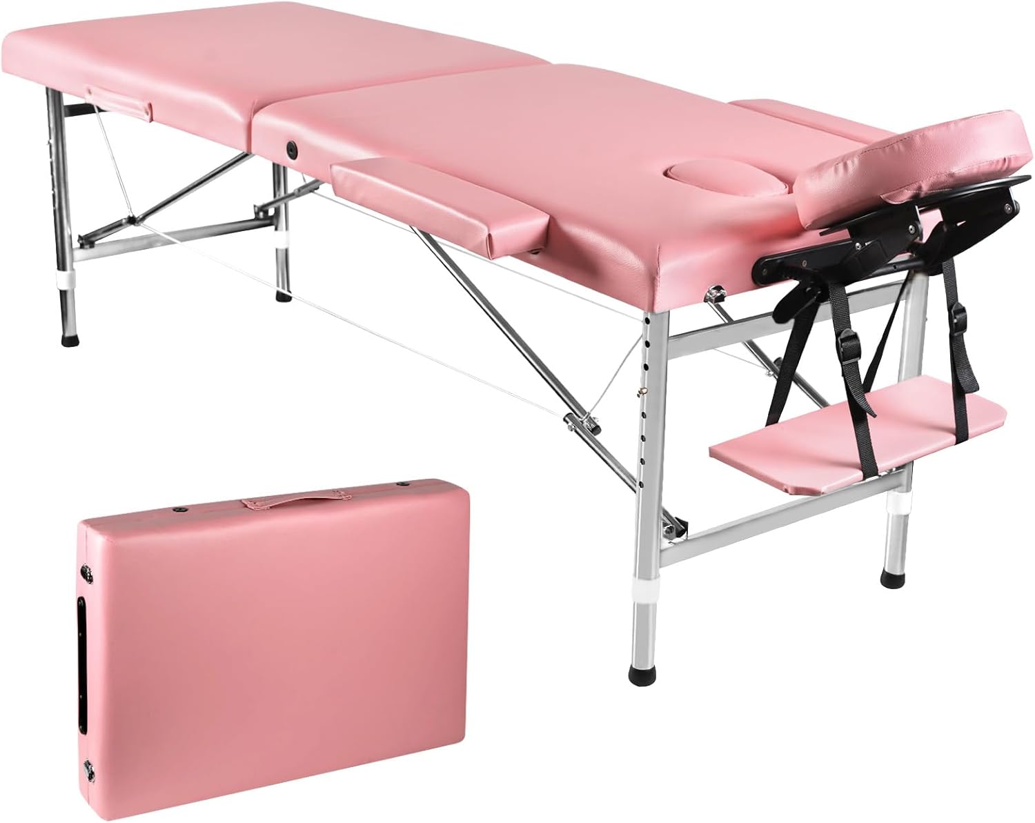 Massage Table Portable Height Adjustable Massage Bed Lightweight Foldable Spa Lash Tattoo Esthetician Bed 24" Wide Aluminum 2 Fold with Carrying Case (Pink)