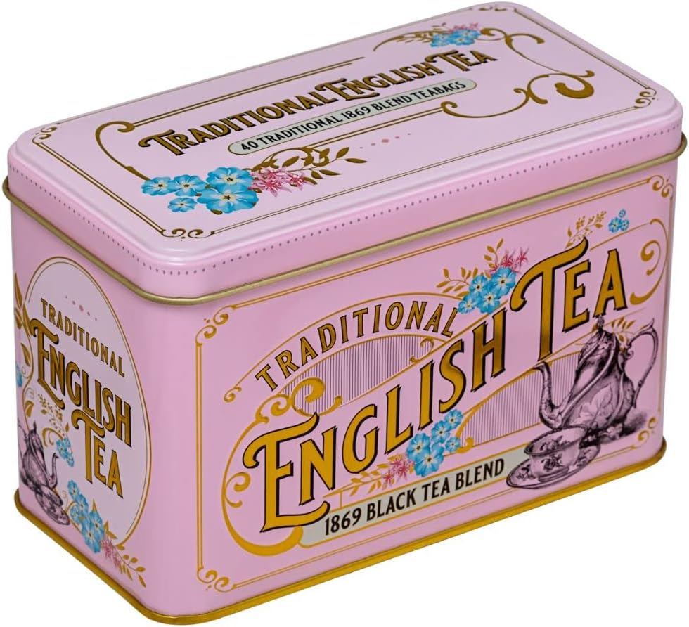 New English Teas Vintage Victorian Tea Tin with 40 Fine 1869 Blend English Teabags (Pink)