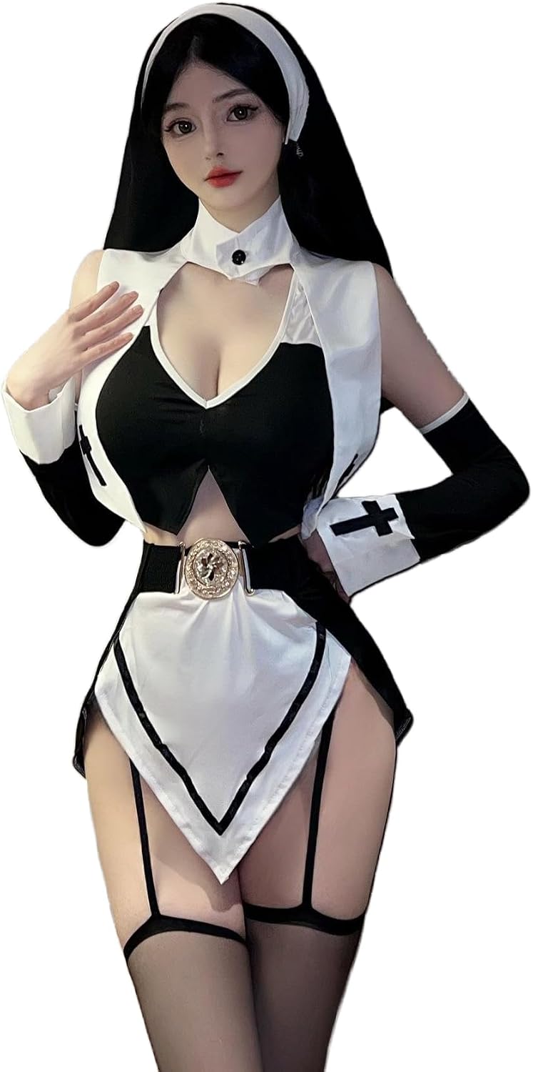 JasmyGirls Halloween Nun Costumes for Women Anime Cosplay Lingerie Naughty Outfits with Stocking Garter Belt