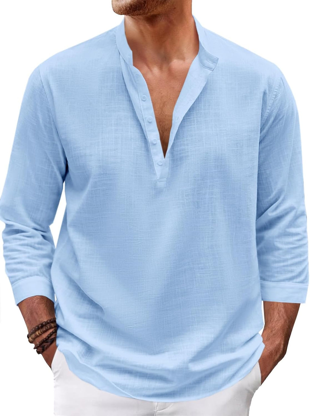Karlywindow Mens Linen Henley Shirts Long Sleeve Hippie Yoga Summer Beach Casual Henleys T-Shirt