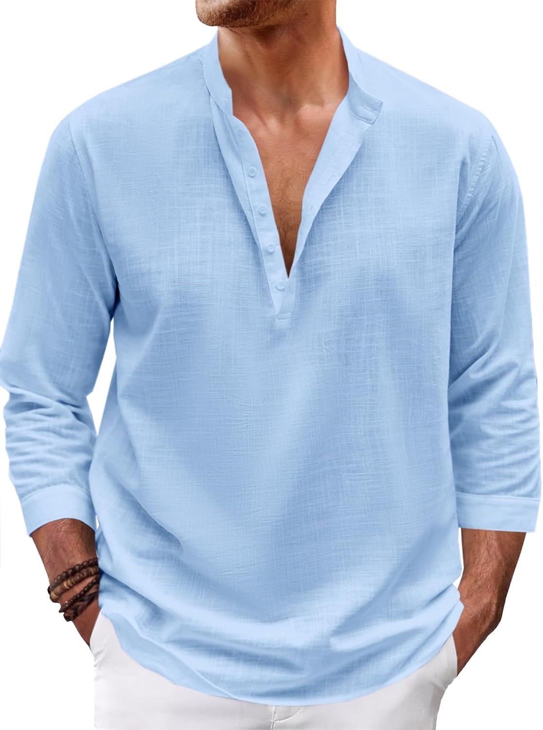 Karlywindow Mens Linen Henley Shirts Long Sleeve Hippie Yoga Summer Beach Casual Henleys T-Shirt