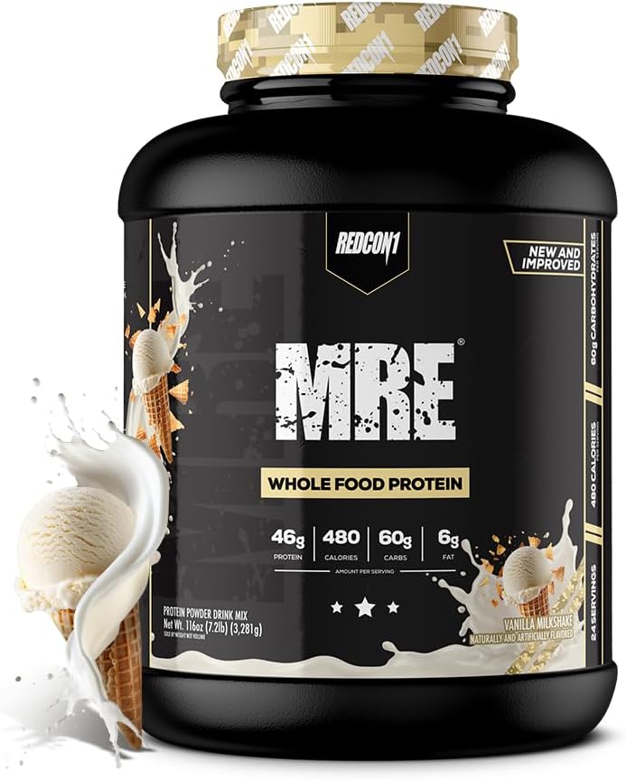 REDCON1 MRE Protein Powder, Vanilla Milkshake - Meal Replacement Protein Blend Made with MCT Oil & Whole Foods - Protein with Natural Ingredients to Aid in Muscle Recovery (25 Servings)