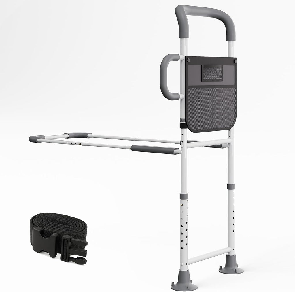 HOMEAL Bed Rails for Elderly Adults Safety - Adjustable Bed Assist Rails for Seniors, Adult Bed Guard Rail with Non-Slip Ergonomic Handle,Storage Pocket & Fixing Strap, 350 Tested (Grey, Long)