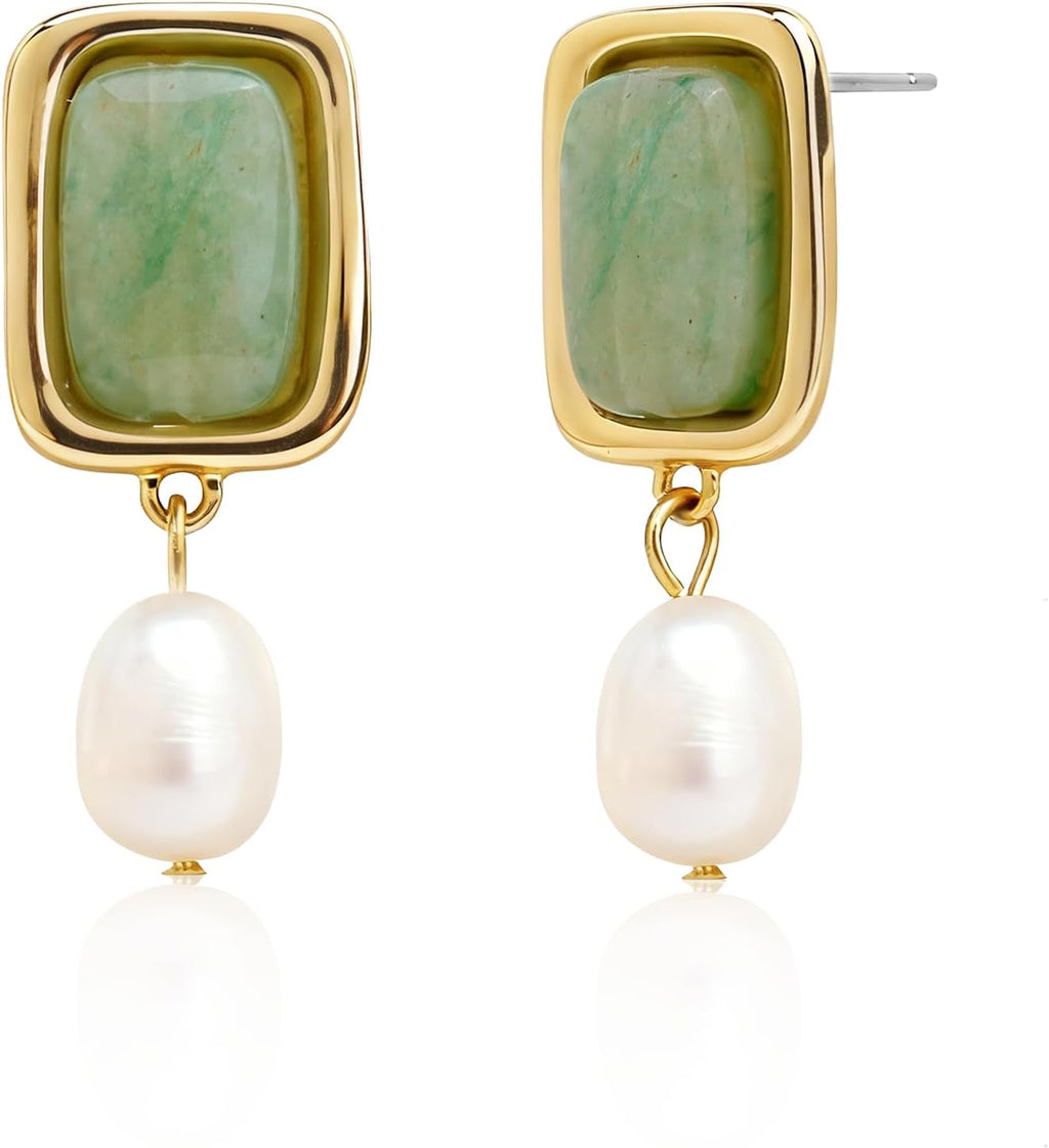 Sonateomber Gold Chunky Green Dangle Drop Earrings for Women,Dainty Pearl Statement Square Aventurine Natural Gemstone Healing Dangling Earings Prom Wedding Accessories Fashion Jewelry Gift
