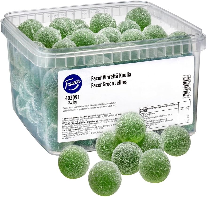Fazer Vihreitä Kuulia - Box 2,2 kg - 4.8lb -Green Jellies - Original - Finnish - Jelly Beans (Pear) - Bulk - Unwrapped - Candy