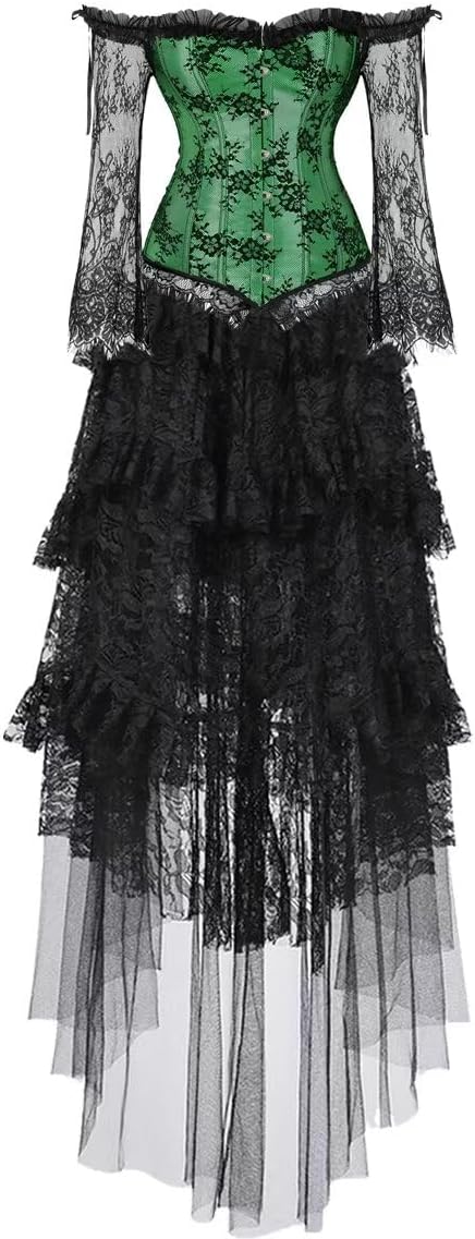 Jutrisujo Corset Top Skirt Set Dress Bustier Lace Long Sleeves Floral Plus Size Costume Women