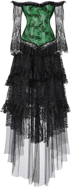 Jutrisujo Corset Top Skirt Set Dress Bustier Lace Long Sleeves Floral Plus Size Costume Women