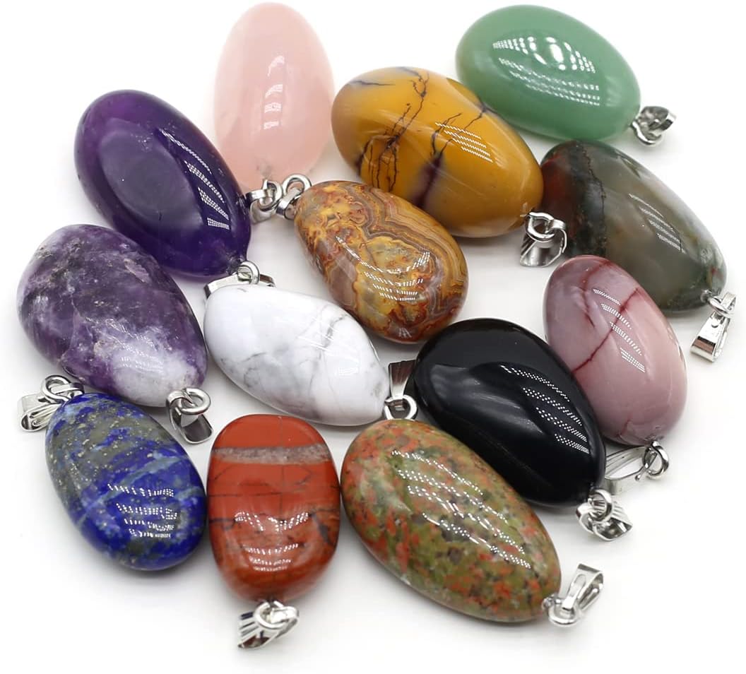 QSLLER 20pcs Natural Crystals Stone Pendant Amethyst Rose Quartz Smooth Polished Gemstone Charms for Jewelry Making DIY Necklace Earrings